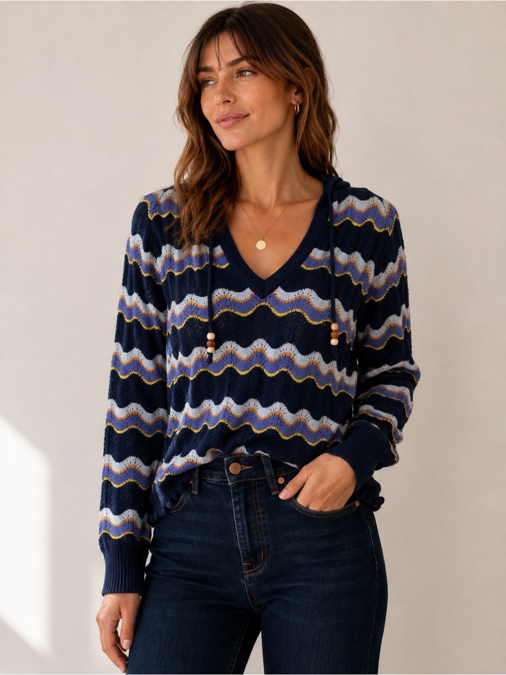 Heartloom Cotton Hooded Pointelle Knit Sweater Navy Wave Stripe Small